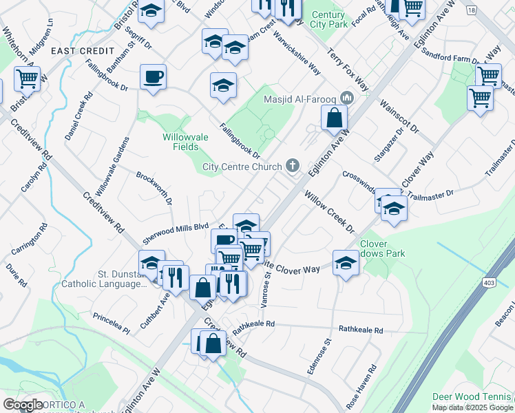 map of restaurants, bars, coffee shops, grocery stores, and more near 1292 Sherwood Mills Boulevard in Mississauga