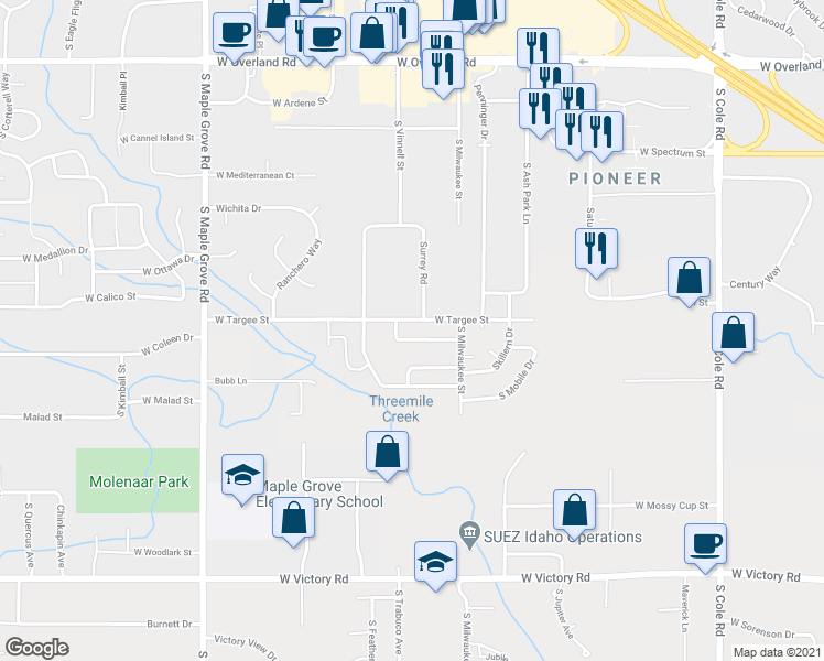 map of restaurants, bars, coffee shops, grocery stores, and more near 8360 West Tether Street in Boise