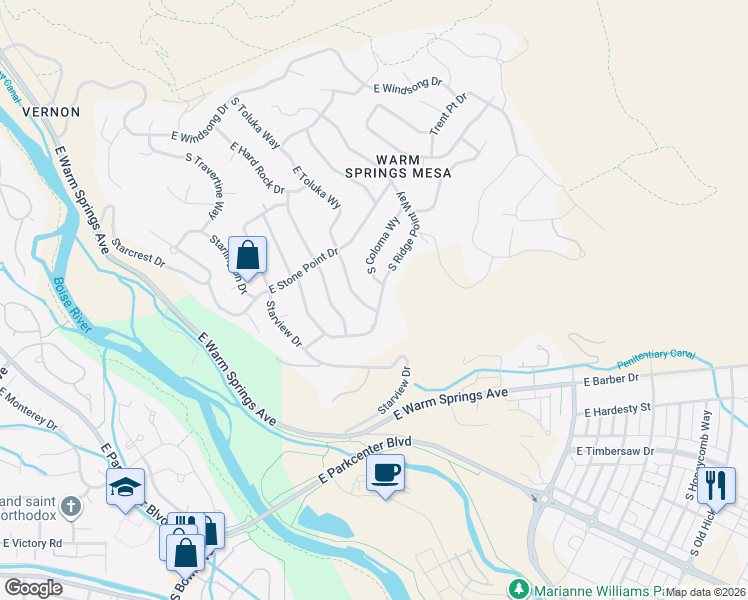 map of restaurants, bars, coffee shops, grocery stores, and more near 2284 South Ridge Point Way in Boise