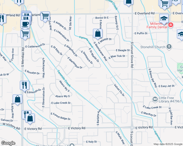map of restaurants, bars, coffee shops, grocery stores, and more near 2554 South Mesa Way in Meridian