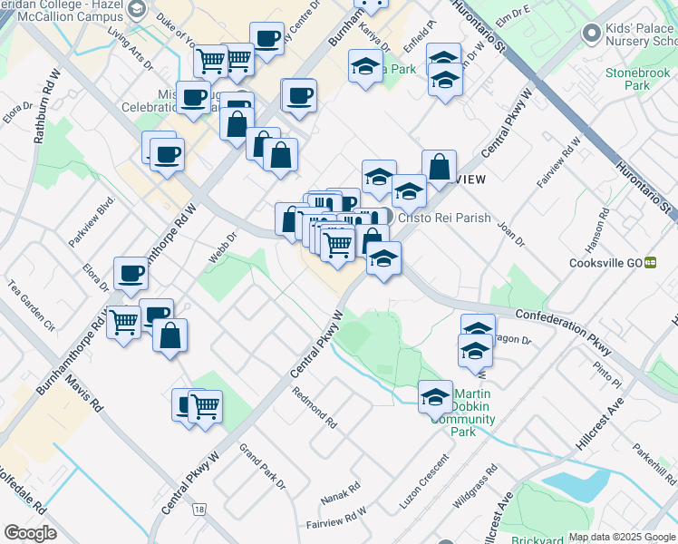 map of restaurants, bars, coffee shops, grocery stores, and more near 325 Central Parkway West in Mississauga