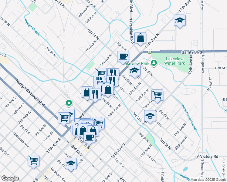 map of restaurants, bars, coffee shops, grocery stores, and more near 1115 3rd Street North in Nampa