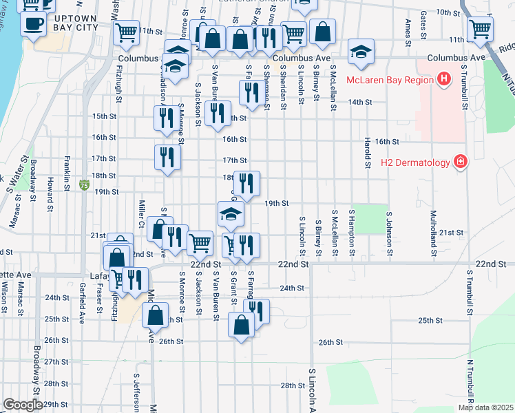 map of restaurants, bars, coffee shops, grocery stores, and more near 801 South Farragut Street in Bay City