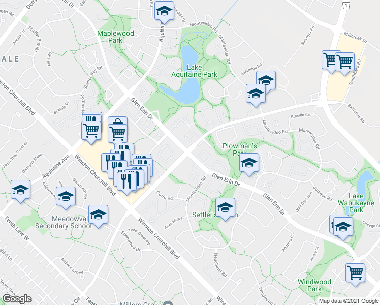 map of restaurants, bars, coffee shops, grocery stores, and more near 6533 Glen Erin Drive in Mississauga