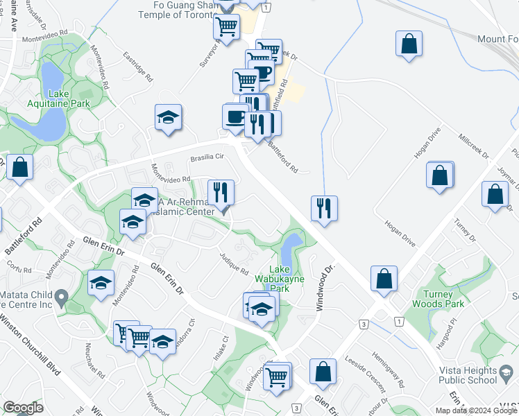 map of restaurants, bars, coffee shops, grocery stores, and more near 2501 Cobbinshaw Circle in Mississauga