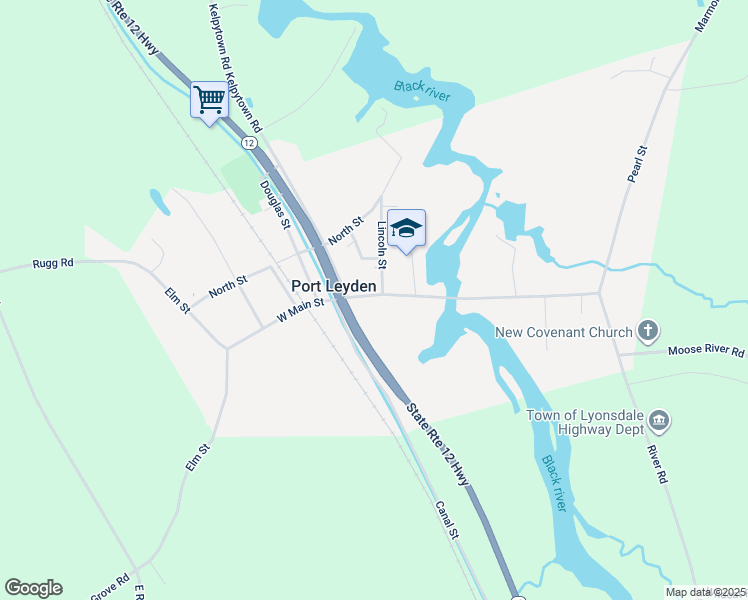 map of restaurants, bars, coffee shops, grocery stores, and more near 7148 East Main Street in Port Leyden