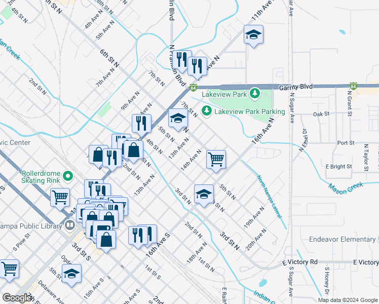 map of restaurants, bars, coffee shops, grocery stores, and more near 1318 5th Street North in Nampa