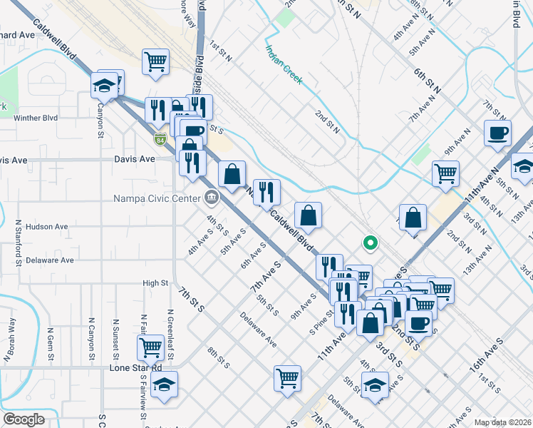 map of restaurants, bars, coffee shops, grocery stores, and more near 509 Nampa-Caldwell Boulevard in Nampa