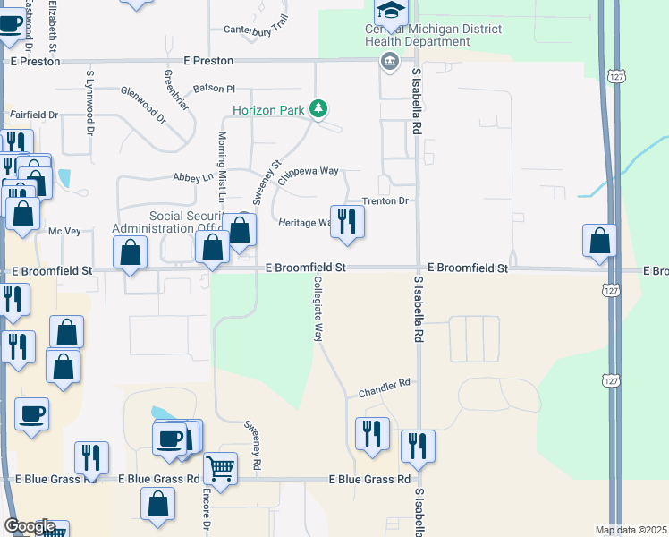 map of restaurants, bars, coffee shops, grocery stores, and more near 4820-4850 East Broomfield Road in Mount Pleasant