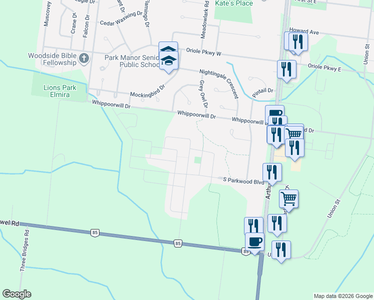 map of restaurants, bars, coffee shops, grocery stores, and more near 101 Timber Trail Road in Waterloo Regional Municipality