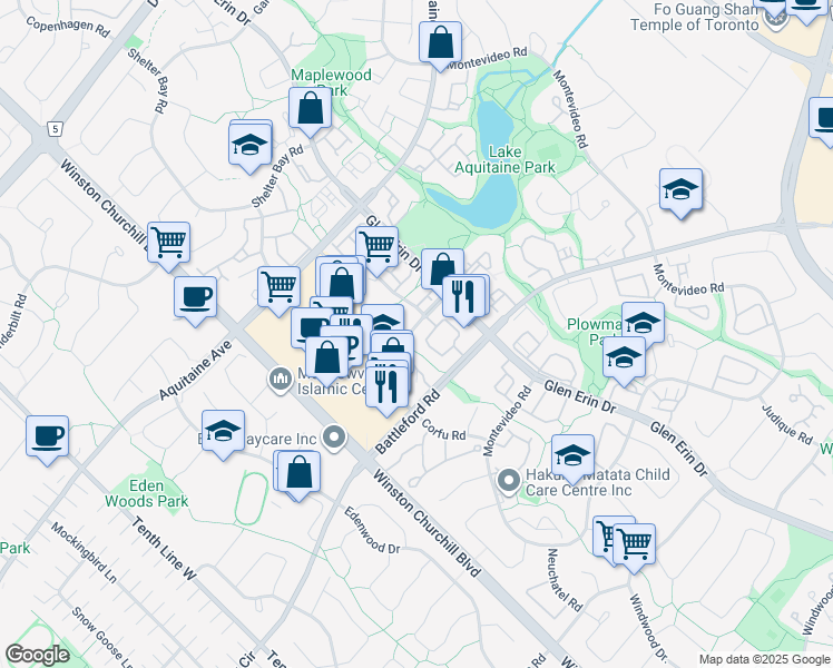 map of restaurants, bars, coffee shops, grocery stores, and more near 27 Meadowvale Town Centre Circle in Mississauga