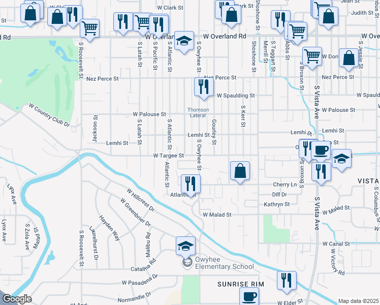 map of restaurants, bars, coffee shops, grocery stores, and more near 3410 West Targee Street in Boise