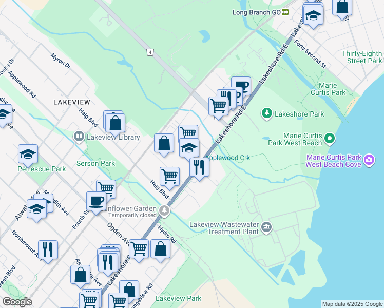 map of restaurants, bars, coffee shops, grocery stores, and more near 1257 Lakeshore Road East in Mississauga