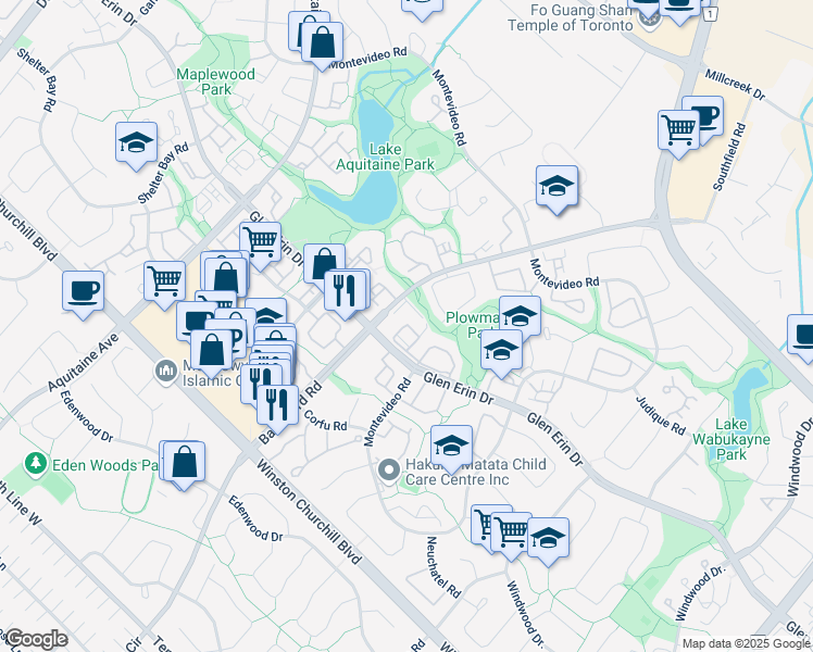 map of restaurants, bars, coffee shops, grocery stores, and more near 6509 Glen Erin Drive in Mississauga