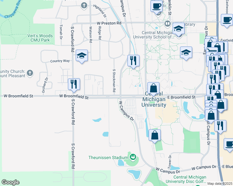 map of restaurants, bars, coffee shops, grocery stores, and more near 418 West Broomfield Street in Mount Pleasant