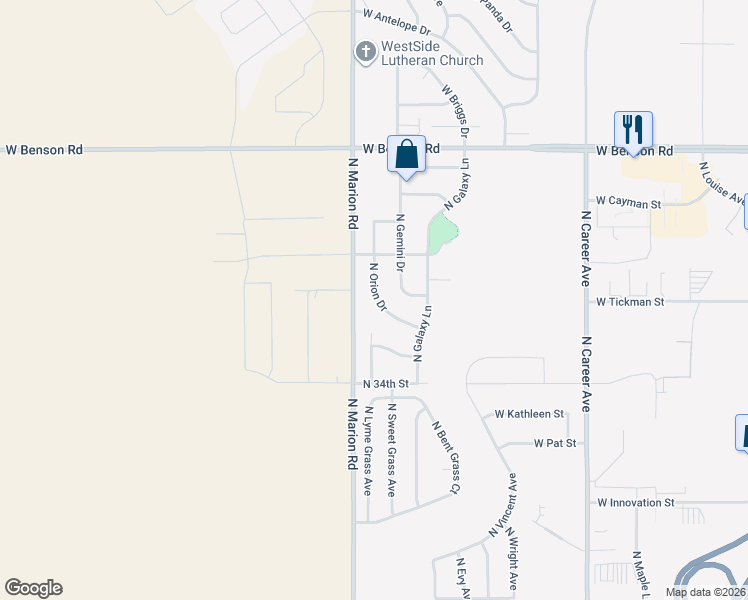 map of restaurants, bars, coffee shops, grocery stores, and more near 3513 North Orion Drive in Sioux Falls