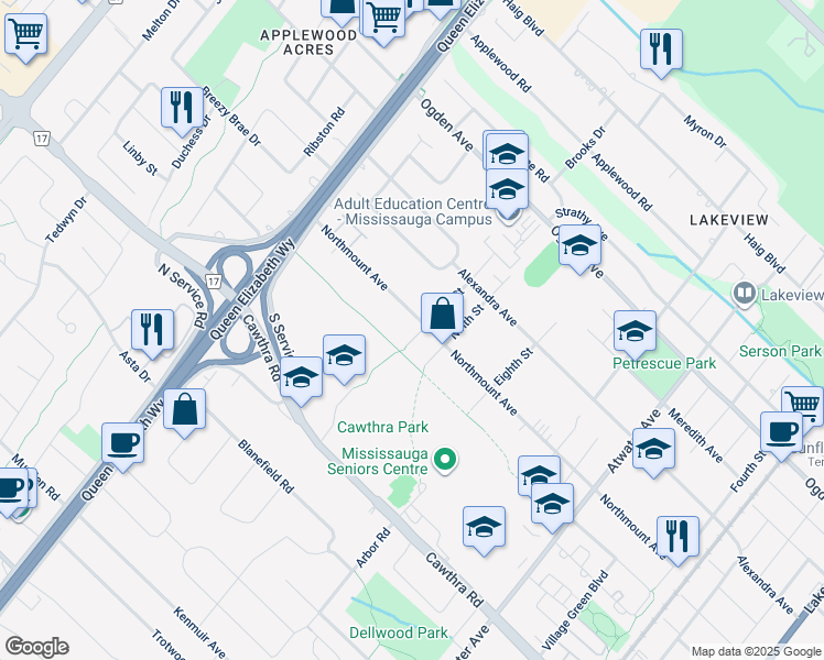 map of restaurants, bars, coffee shops, grocery stores, and more near 855 10th Street in Mississauga