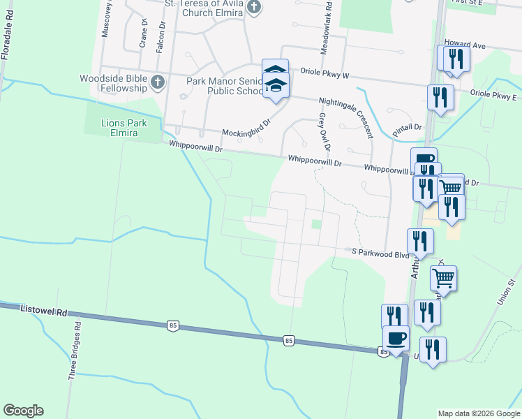 map of restaurants, bars, coffee shops, grocery stores, and more near 19 Woodberry Crescent in Waterloo Regional Municipality