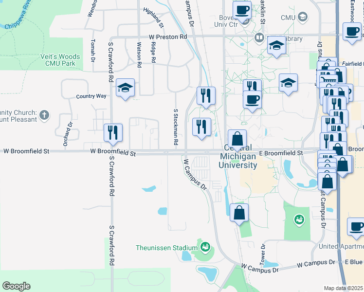 map of restaurants, bars, coffee shops, grocery stores, and more near 412 West Broomfield Street in Mount Pleasant