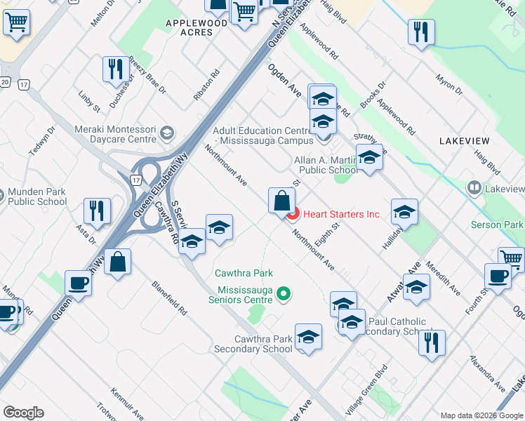 map of restaurants, bars, coffee shops, grocery stores, and more near 855 10th Street in Mississauga