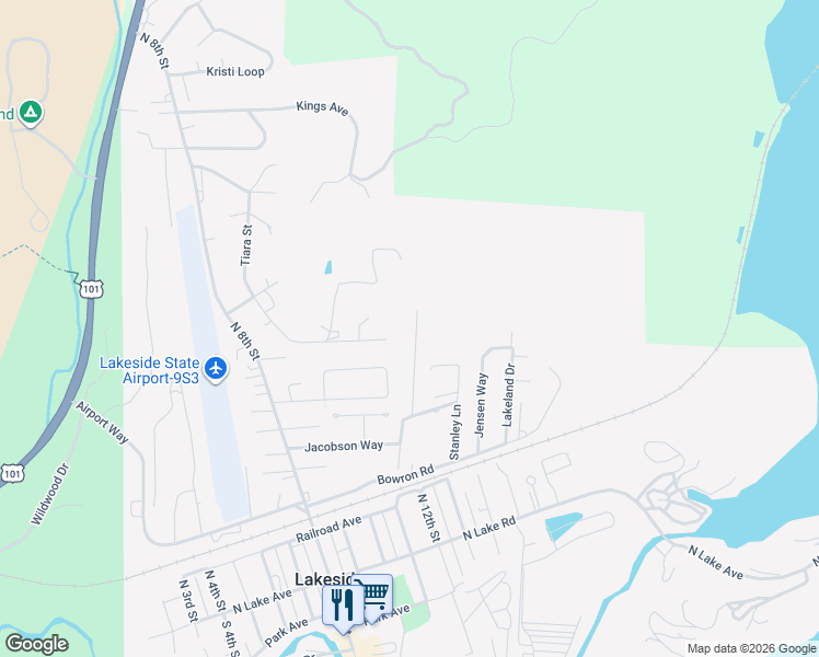 map of restaurants, bars, coffee shops, grocery stores, and more near 505 Rugh Lane in Lakeside