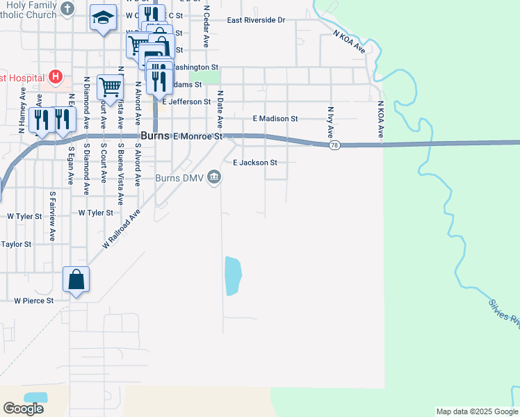 map of restaurants, bars, coffee shops, grocery stores, and more near 344 South Fir Avenue in Burns