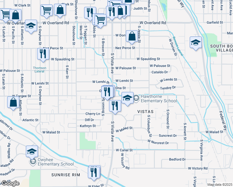 map of restaurants, bars, coffee shops, grocery stores, and more near 2504 West Targee Street in Boise