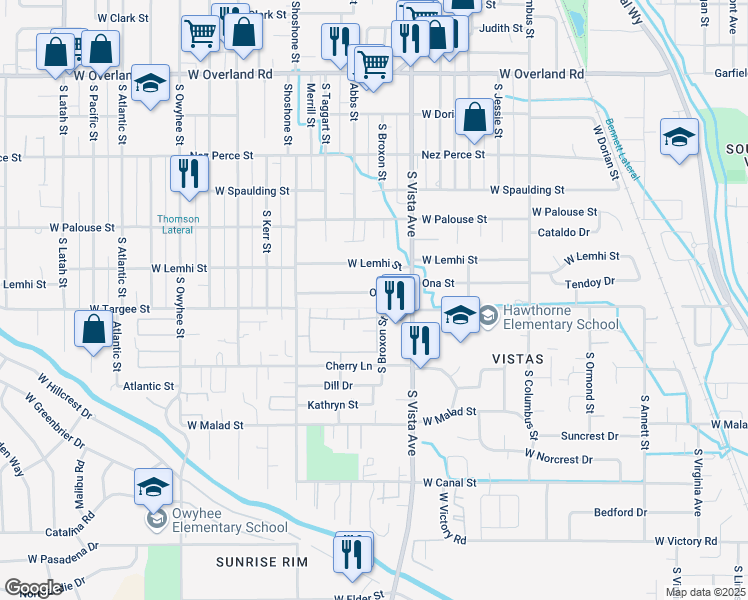 map of restaurants, bars, coffee shops, grocery stores, and more near 2739 Ona Street in Boise