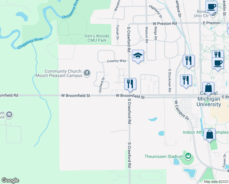 map of restaurants, bars, coffee shops, grocery stores, and more near 1400 W Broomfield St in Mt Pleasant