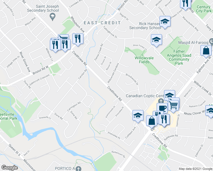 map of restaurants, bars, coffee shops, grocery stores, and more near 5248 Creditview Rd in Mississauga