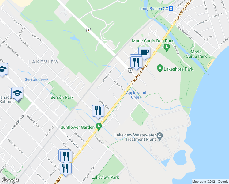 map of restaurants, bars, coffee shops, grocery stores, and more near 1257 Lakeshore Road East in Mississauga