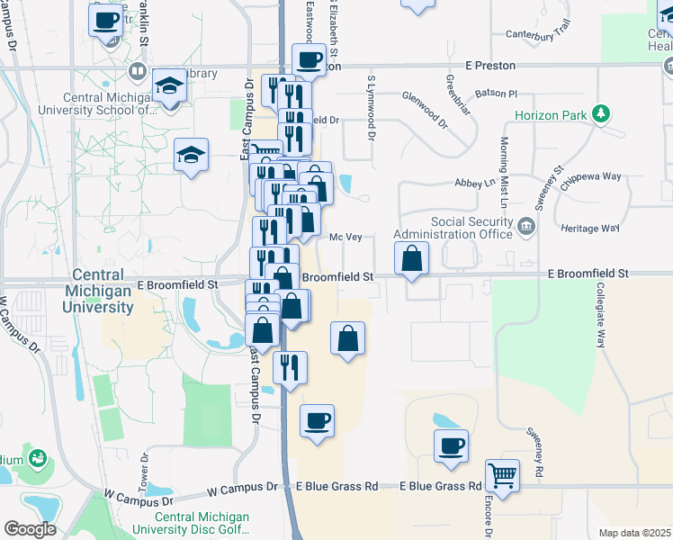 map of restaurants, bars, coffee shops, grocery stores, and more near 1908 South Johnson Street in Mount Pleasant