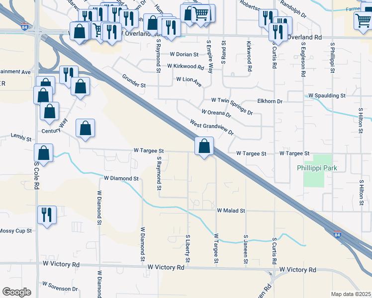 map of restaurants, bars, coffee shops, grocery stores, and more near 6400 West Targee Street in Boise