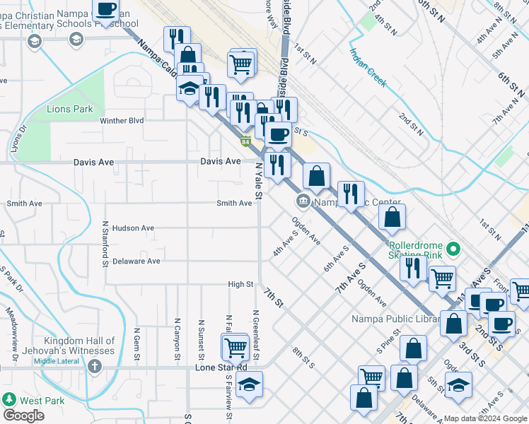 map of restaurants, bars, coffee shops, grocery stores, and more near 94 North Yale Street in Nampa