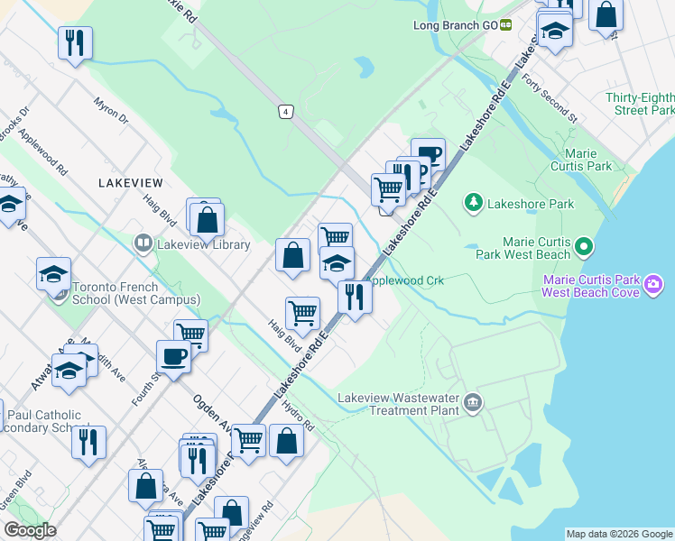 map of restaurants, bars, coffee shops, grocery stores, and more near 1257 Lakeshore Road East in Mississauga