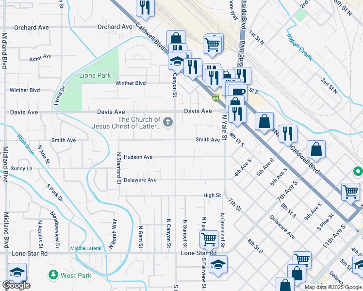 map of restaurants, bars, coffee shops, grocery stores, and more near 94 North Canyon Street in Nampa