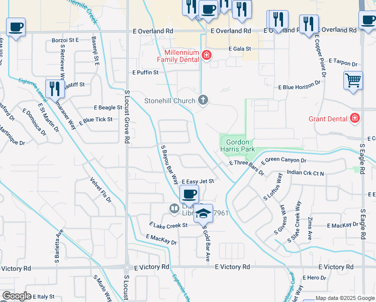 map of restaurants, bars, coffee shops, grocery stores, and more near 1987 East Party Jet Street in Meridian