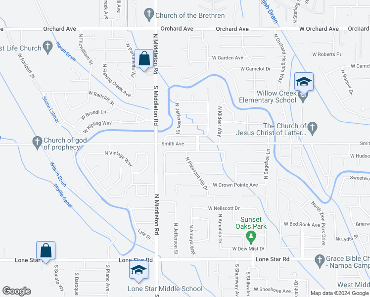 map of restaurants, bars, coffee shops, grocery stores, and more near 2400 West Willow Pointe Avenue in Nampa