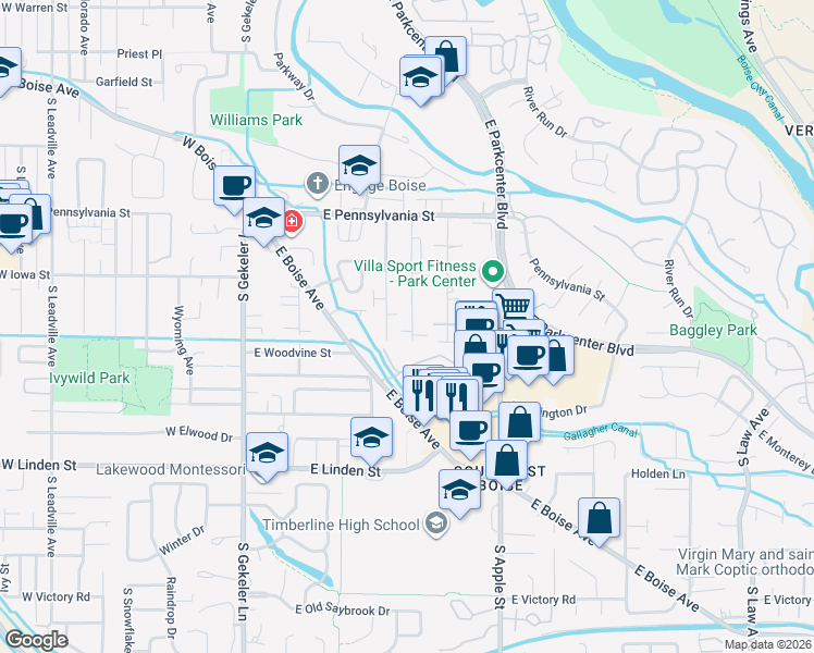 map of restaurants, bars, coffee shops, grocery stores, and more near 2282 South Amy Avenue in Boise