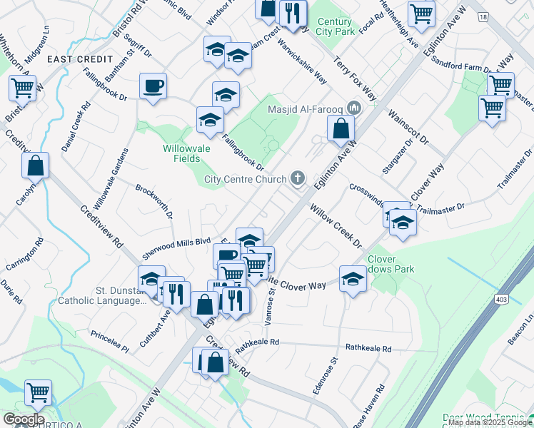 map of restaurants, bars, coffee shops, grocery stores, and more near 1292 Sherwood Mills Boulevard in Mississauga