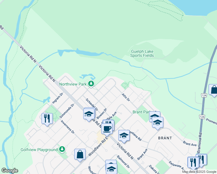 map of restaurants, bars, coffee shops, grocery stores, and more near 63 Mullin Drive in Guelph