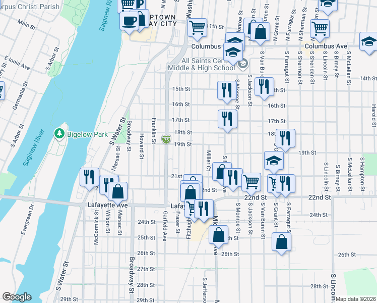 map of restaurants, bars, coffee shops, grocery stores, and more near 822 Fitzhugh Street in Bay City