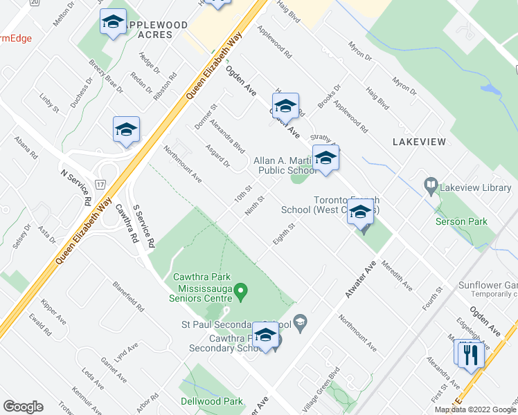 map of restaurants, bars, coffee shops, grocery stores, and more near 898 Ninth Street in Mississauga