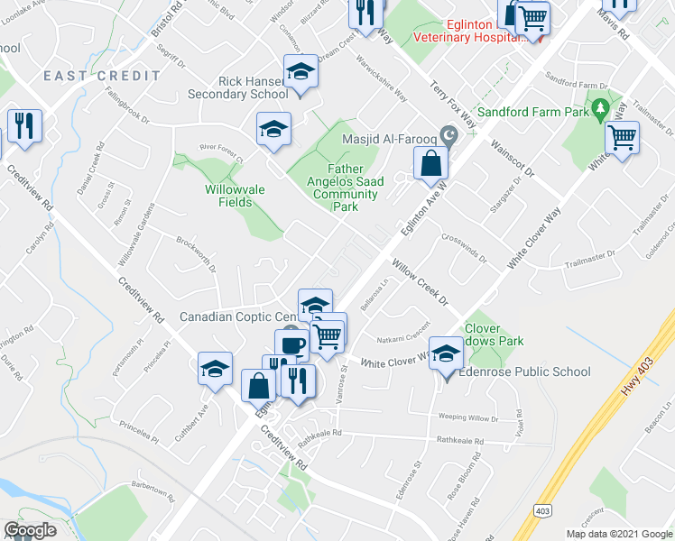 map of restaurants, bars, coffee shops, grocery stores, and more near 1292 Sherwood Mills Boulevard in Mississauga