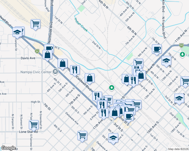 map of restaurants, bars, coffee shops, grocery stores, and more near 7 7th Avenue South in Nampa