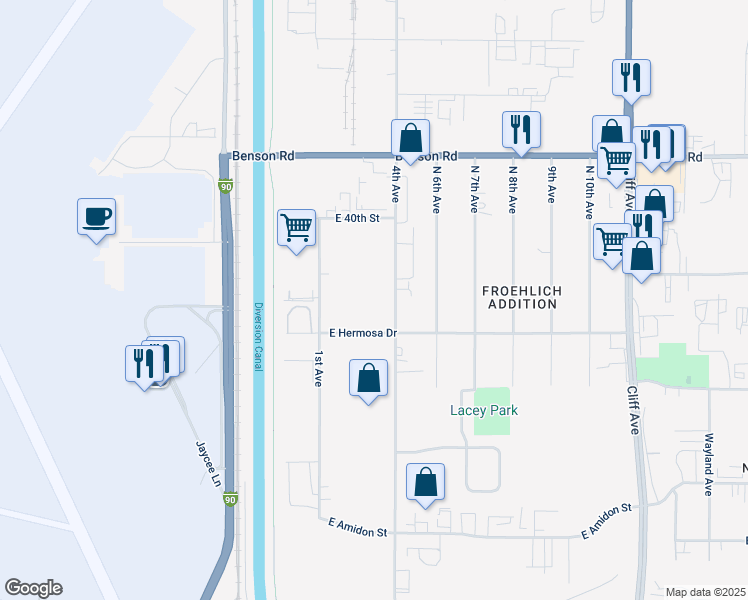 map of restaurants, bars, coffee shops, grocery stores, and more near 3401 North 4th Avenue in Sioux Falls
