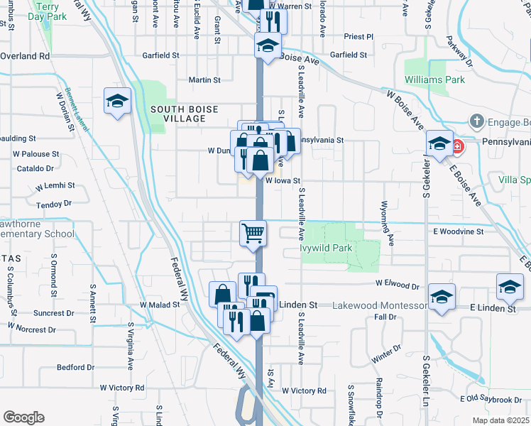 map of restaurants, bars, coffee shops, grocery stores, and more near 2312 Broadway Avenue in Boise