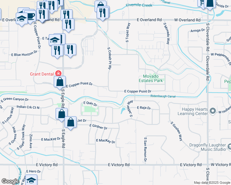map of restaurants, bars, coffee shops, grocery stores, and more near 3885 East Copper Point Drive in Meridian