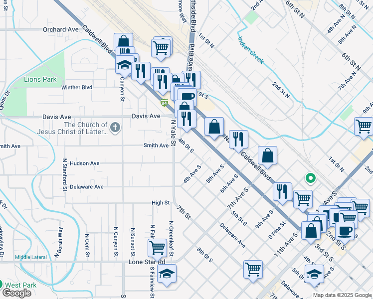 map of restaurants, bars, coffee shops, grocery stores, and more near 416 3rd Avenue South in Nampa