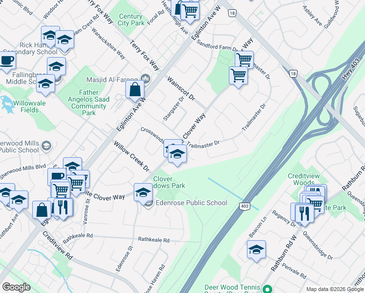 map of restaurants, bars, coffee shops, grocery stores, and more near 4488 Andiron Court in Mississauga